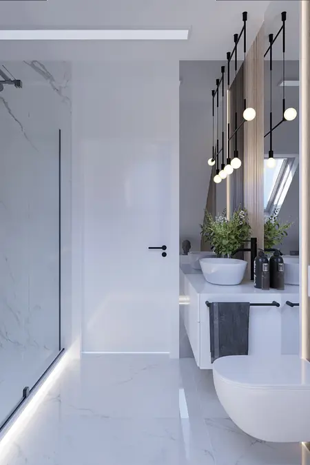 Wnętrze łazienki z eklektycznymi i nowoczesnymi elementami.