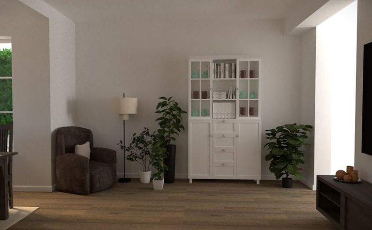 Wnętrze salonu z białą komodą, roślinami i lampą. Styl minimalistyczny i tradycyjny.