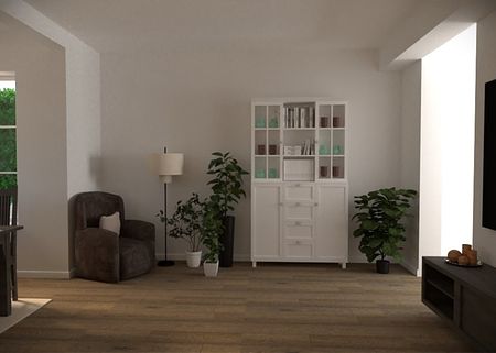 Wnętrze salonu z białą komodą, roślinami i lampą. Styl minimalistyczny i tradycyjny.