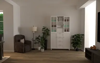 Wnętrze salonu z białą komodą, roślinami i lampą. Styl minimalistyczny i tradycyjny.