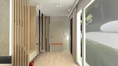 Przedpokój w stylu boho, eklektycznym i japandi z drewnianymi elementami.