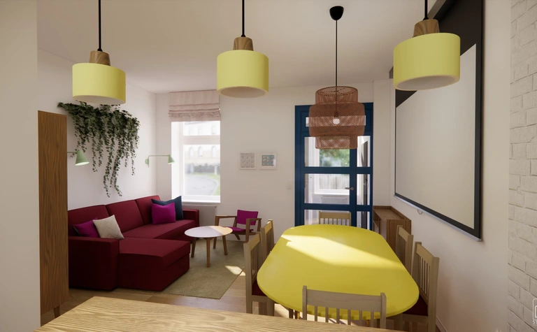 Wnętrze salonu z czerwonymi akcentami, żółtym stołem i roślinami w stylu dopamine decor, eklektycznym, skandynawskim.