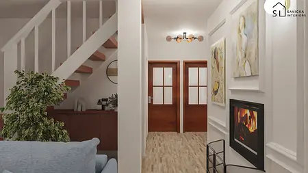 Przedpokój z minimalistycznym wystrojem, drewnianymi drzwiami i rośliną.