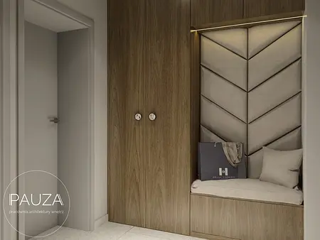 Przedpokój z drewnianą zabudową, siedziskiem i nowoczesnymi akcentami.