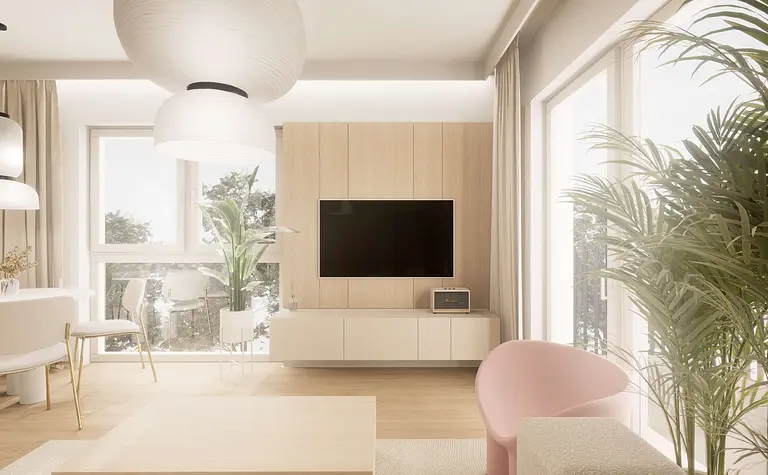 Wnętrze salonu w stylu japandi z minimalistycznymi meblami i roślinami.