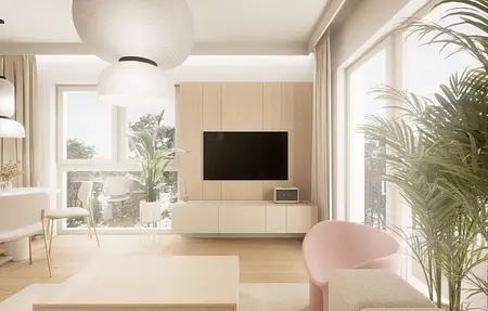 Wnętrze salonu w stylu japandi z minimalistycznymi meblami i roślinami.
