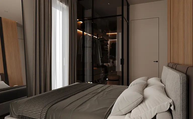 Sypialnia z minimalistycznym wystrojem, quiet luxury, współczesnym stylem.