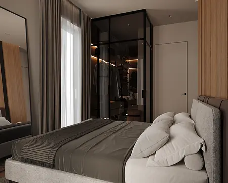 Sypialnia z minimalistycznym wystrojem, quiet luxury, współczesnym stylem.