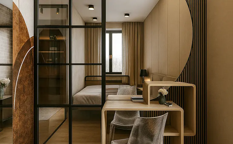 Wnętrze pokoju z industrialnym stylem, lustro i biurko.