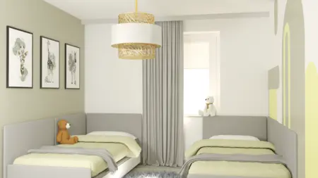 Pokój dziecięcy z minimalistycznym wystrojem, jasnymi łóżkami i dekoracjami w stylu współczesnym.