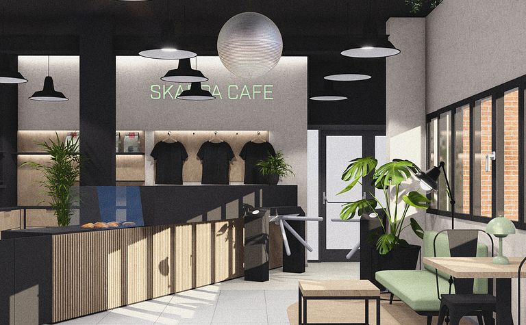 Wnętrze kawiarni w stylu industrialnym i minimalistycznym z zielonymi roślinami.