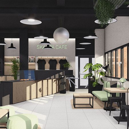 Wnętrze kawiarni w stylu industrialnym i minimalistycznym z zielonymi roślinami.