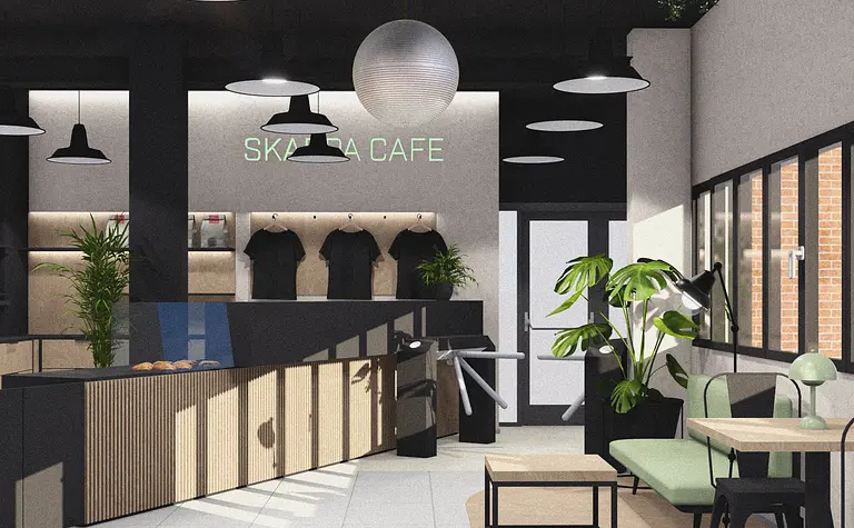 Wnętrze kawiarni w stylu industrialnym i minimalistycznym z zielonymi roślinami.