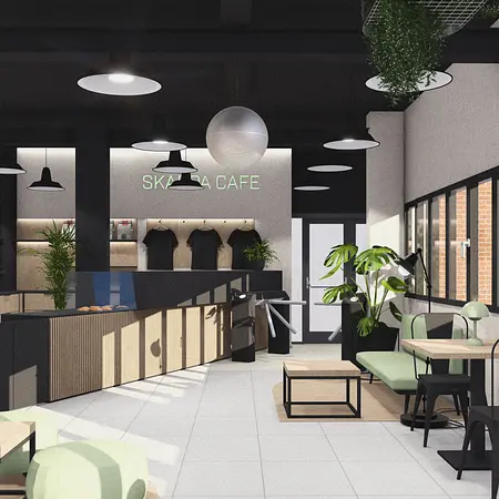 Wnętrze kawiarni w stylu industrialnym i minimalistycznym z zielonymi roślinami.