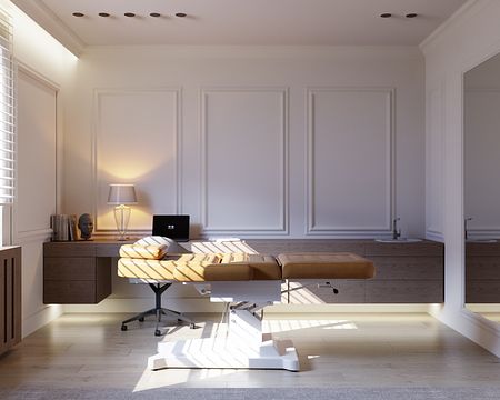 Gabinet w stylu art deco, minimalistycznym z nowoczesnym wyposażeniem.