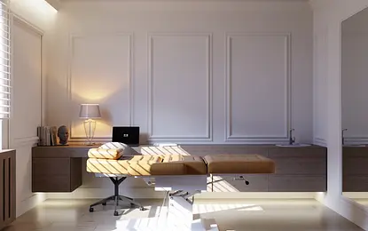 Gabinet w stylu art deco, minimalistycznym z nowoczesnym wyposażeniem.