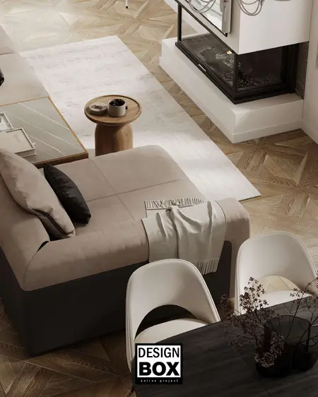 Wnętrze salonu glamour z beżową sofą i drewnianymi akcentami.