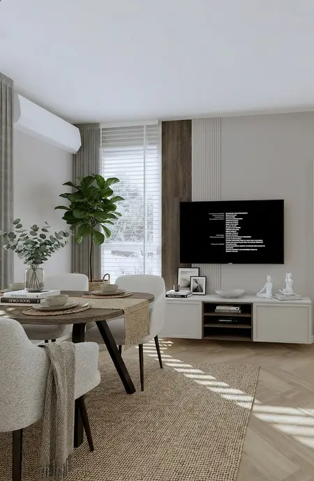 Nowoczesne wnętrze salonu z rośliną, telewizorem i drewnianymi detalami, quiet luxury