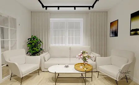 Wnętrze salonu z białymi meblami i dekoracyjnymi roślinami.