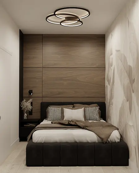 Sypialnia z nowoczesnym oświetleniem i drewnianymi akcentami.