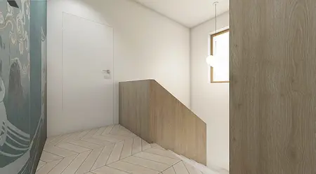 Wnętrze przedpokoju z nowoczesnym oświetleniem i drewnianymi elementami, styl soft minimalizm.