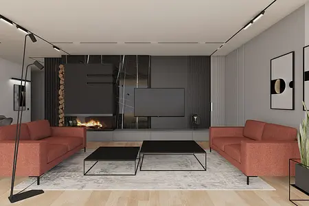 Wnętrze salonu w stylu minimalistycznym z czerwonymi kanapami, nowoczesnym kominkiem i czarnymi detalami.