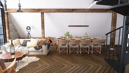 Wnętrze jadalni w stylu industrialnym i nowoczesnym, z drewnianym stołem i komfortowymi krzesłami.