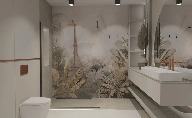 Wnętrze łazienki z boho, eklektycznym i japandi stylami, biała umywalka, roślinne dekoracje.