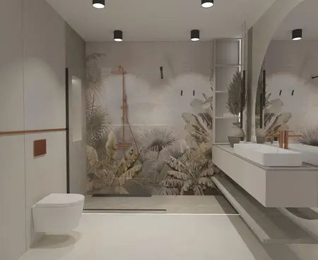 Wnętrze łazienki z boho, eklektycznym i japandi stylami, biała umywalka, roślinne dekoracje.