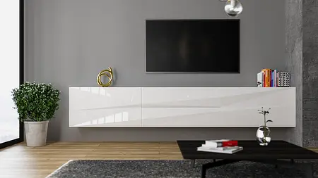 Nowoczesne wnętrze salonu z białą szafką, telewizorem i rośliną.