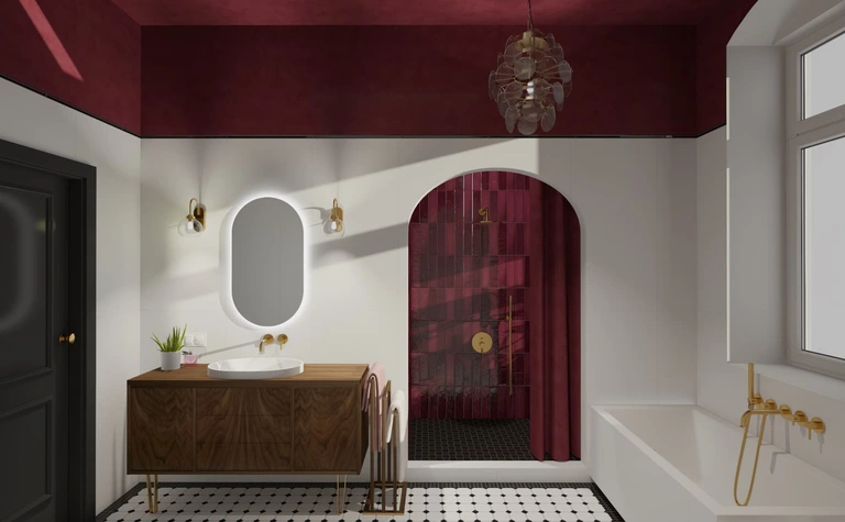 Wnętrze łazienki z elementami art deco i vintage. Czerwone akcenty.
