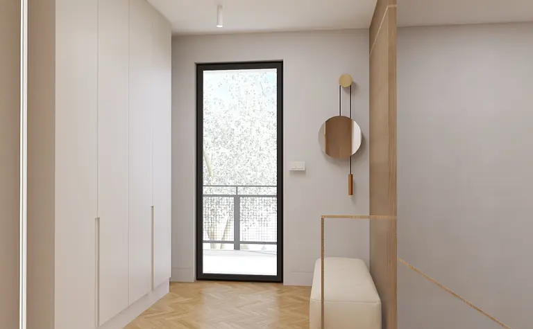 Przedpokój w stylu japandi, nowoczesny z soft minimalizmem.