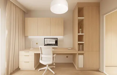 Gabinet w stylu japandi i minimalistycznym z drewnianym biurkiem i białym krzesłem.