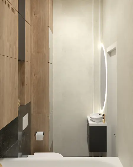 Wnętrze łazienki w stylu industrialnym i nowoczesnym z drewnianymi meblami.
