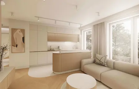 Wnętrze kuchni w stylu japandi, minimalistycznym, nowoczesnym i quiet luxury, z jasnymi kolorami.