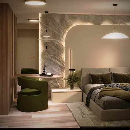 Wnętrze sypialni w stylu boho i eklektycznym z zielonymi detalami.