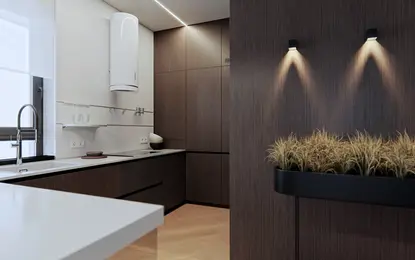 Wnętrze kuchni z ciemnymi meblami, białymi detalami, styl eklektyczny, minimalistyczny, tradycyjny.