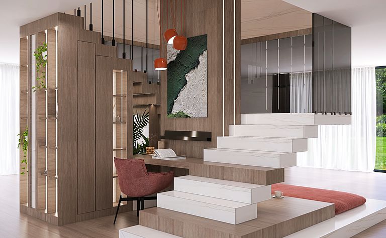 Minimalistyczne wnętrze z biurkiem, schodami i roślinami w stylu quiet luxury.
