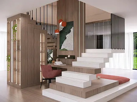 Minimalistyczne wnętrze z biurkiem, schodami i roślinami w stylu quiet luxury.