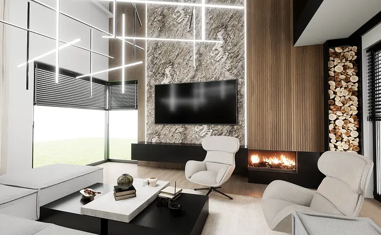 Wnętrze salonu w stylu minimalistycznym z kominkiem i dużymi oknami.