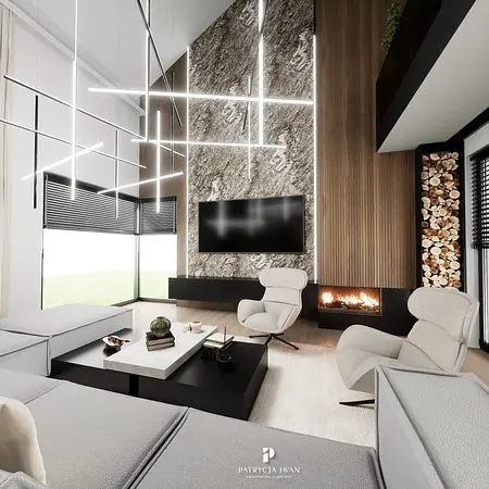 Wnętrze salonu w stylu minimalistycznym z kominkiem i dużymi oknami.