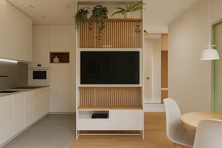 Kuchnia w stylu boho i minimalistycznym z drewnianymi akcentami i roślinami