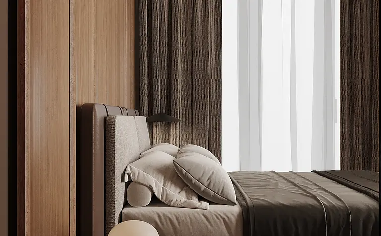 Minimalistyczna sypialnia w stylu quiet luxury z drewnianymi detalami.