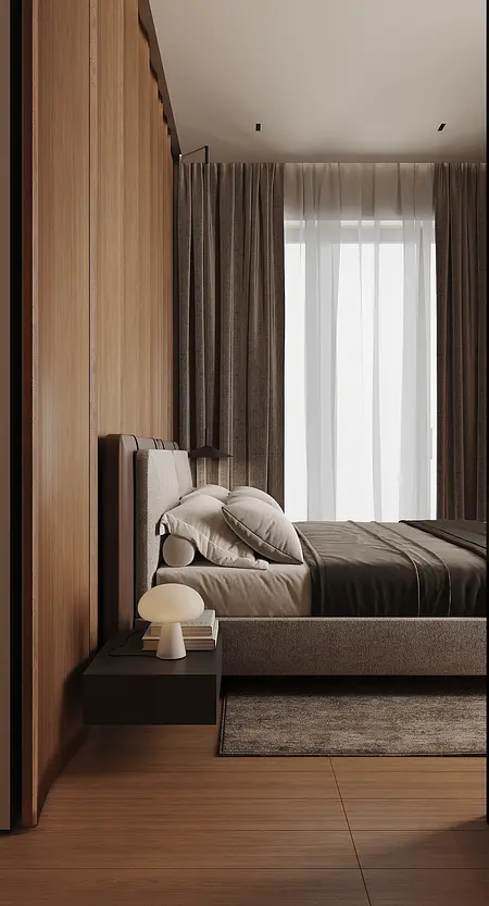 Minimalistyczna sypialnia w stylu quiet luxury z drewnianymi detalami.
