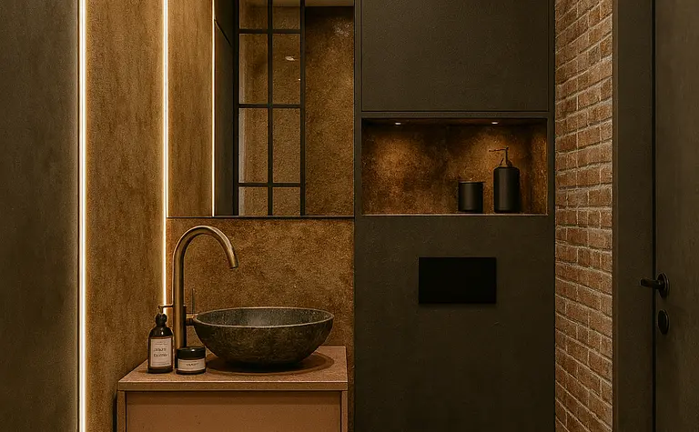Nowoczesna łazienka z brązowymi i czarnymi akcentami, industrialnym stylem.