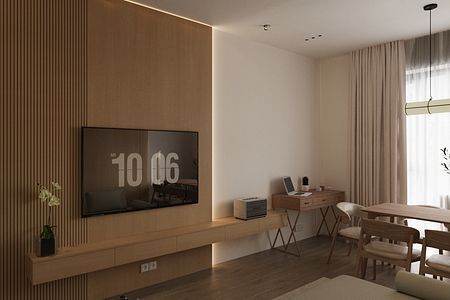 Wnętrze z drewnianą ścianą, minimalistyczne biurko i rośliny, styl industrialny i japandi.