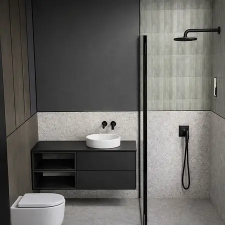 Łazienka w stylu japandi z minimalistycznymi detalami i nowoczesną armaturą.