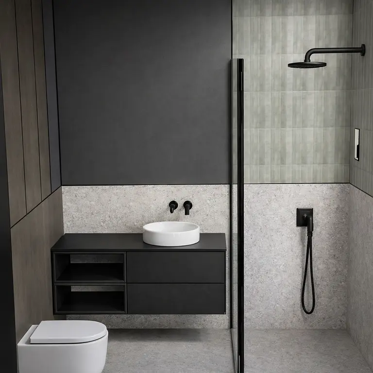 Łazienka w stylu japandi z minimalistycznymi detalami i nowoczesną armaturą.
