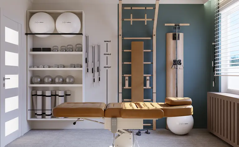 Wnętrze pomieszczenia do ćwiczeń art deco, minimalistycznego, nowoczesnego, soft minimalizmu, współczesnego.