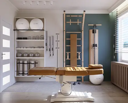 Wnętrze pomieszczenia do ćwiczeń art deco, minimalistycznego, nowoczesnego, soft minimalizmu, współczesnego.